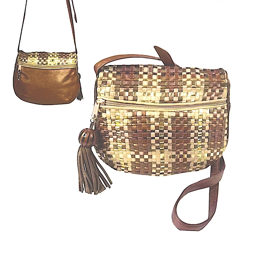 Sharif Metallic Gold Woven Leather Shoulder Crossbody Tassel Bead Bag